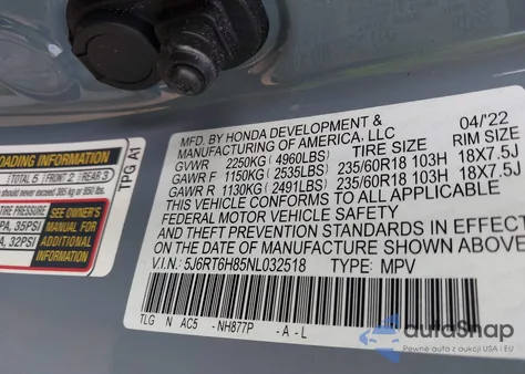 2022 Honda Cr-V Hybrid Ex-L from USA, damaged, VIN 5J6RT6H85NL032518